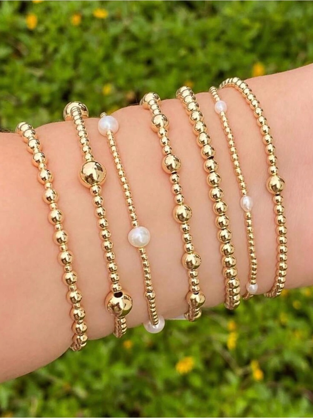 Gold Plated Elegant Gold and Pearl Stacked Bracelet Set